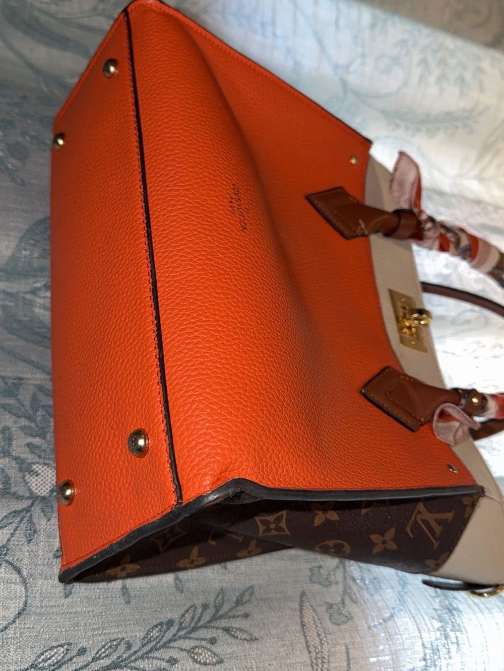 Orange and Cream Leather Tote with Monogram Side Panels - Picture 3 of 10